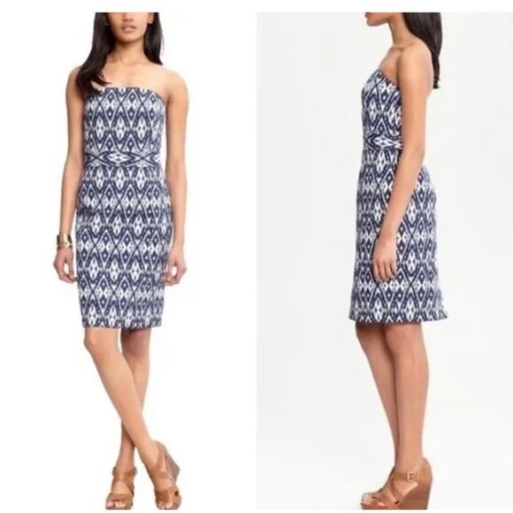 Banana Republic Women's Navy Blue Ikat Print Strapless Mini Dress Size 10 - Picture 2 of 7
